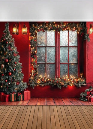 Christmas Tree Red Door Window Snow Backdrop