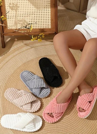 Women Corduroy Cross Strap Home Slippers Men Soft Warm Flat Slides Family Indoor Fashion Concise Plush Sandals - MimiStylez