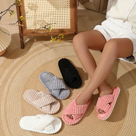 Women Corduroy Cross Strap Home Slippers Men Soft Warm Flat Slides Family Indoor Fashion Concise Plush Sandals - MimiStylez
