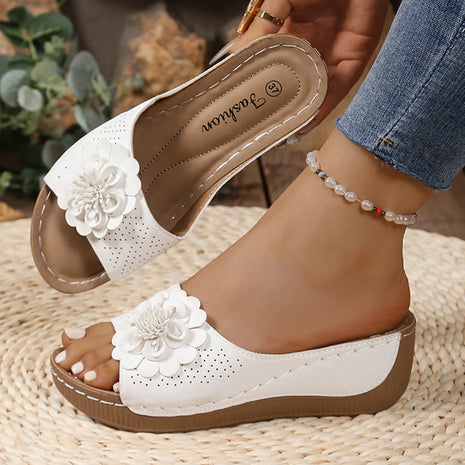 Flower Decor Women Wedge Thick Bottom Platform Sandals Anti Slip Shoes
