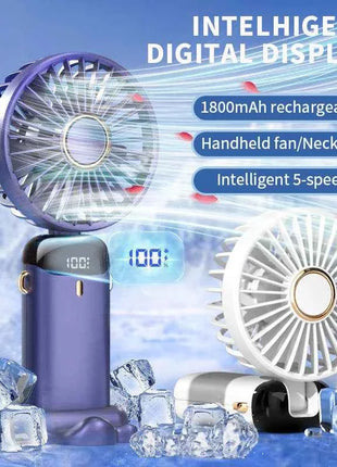 Portable Mini Handheld Fan USB Rechargeable 5-Speed with Phone Stand