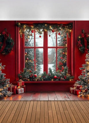Christmas Tree Red Door Window Snow Backdrop
