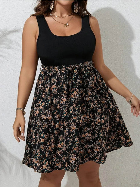 Plus Size Dress Summer Knit Floral Printed Dresses for Women Sleeveless Knee Length Big Size Tummy Control Casual Elegant Dress - MimiStylez