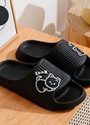 Cute Cartoon Kitten Women's Summer Slippers Indoor Bathroom Cloudy Soft Sole Non-slip Leisure Comfort Couple Home Shoes - MimiStylez