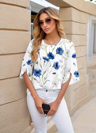 Pullover flared sleeve pleated shirt fashion five-quarter sleeve shirt women - MimiStylez