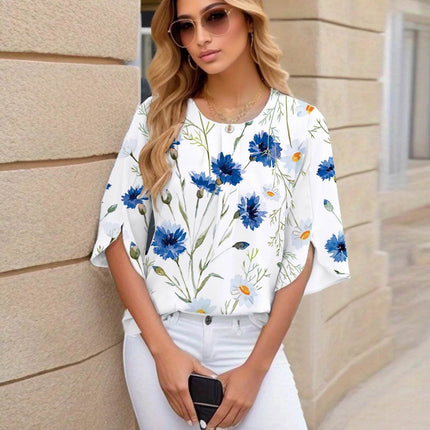Pullover flared sleeve pleated shirt fashion five-quarter sleeve shirt women - MimiStylez