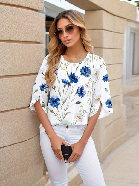 Pullover flared sleeve pleated shirt fashion five-quarter sleeve shirt women - MimiStylez