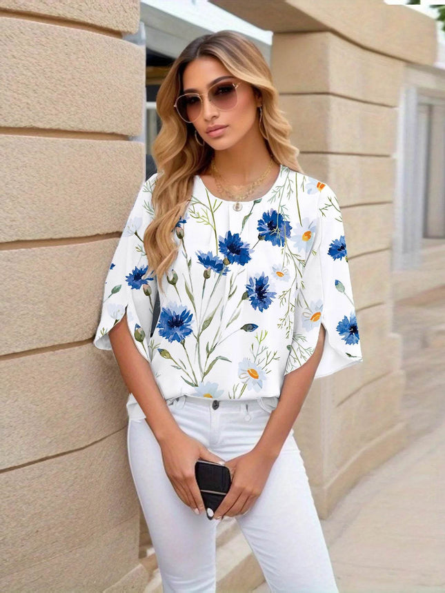 Pullover flared sleeve pleated shirt fashion five-quarter sleeve shirt women - MimiStylez
