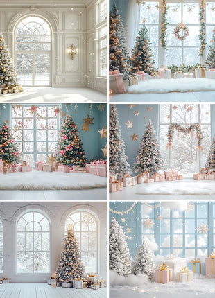Backdrop Christmas Trees Stars Portrait Window Tulle Curtains Gift Decor
