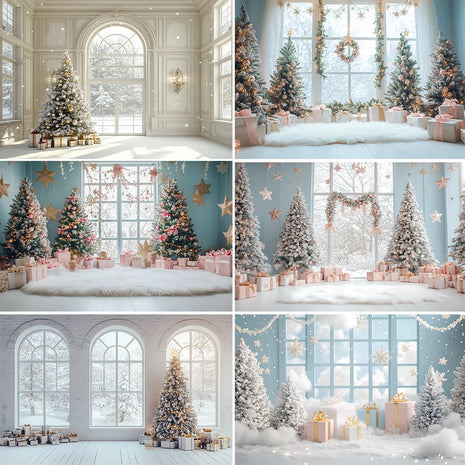 Backdrop Christmas Trees Stars Portrait Window Tulle Curtains Gift Decor