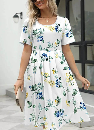 Ladies fashion elegant printed crew neck short sleeve zipper dress - MimiStylez