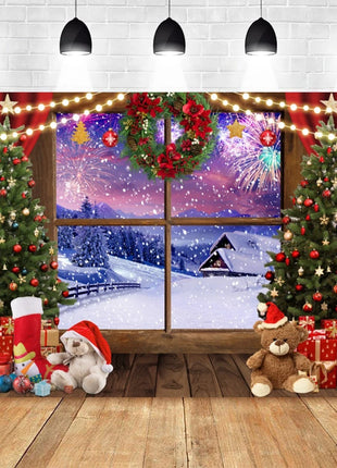 Christmas Backdrop Santa Claus Window Snow Forest Xmas Tree