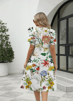 Women's Fashion Loose Flower Print Round Neck Short Sleeve Pocket Dress - MimiStylez