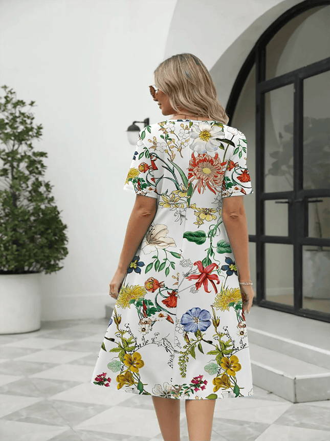 Women's Fashion Loose Flower Print Round Neck Short Sleeve Pocket Dress - MimiStylez