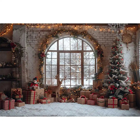 Christmas Photography Backdrop Xmas Tree Wreath Elk Brick Wall Window Snow Scene Backdrop