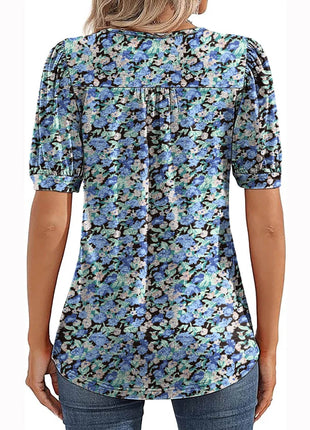 Womens Tunic Tops V Neck Shirts Short Sleeve Puff Pleated Casual Blouses Puff Pleated Work Blouse - MimiStylez