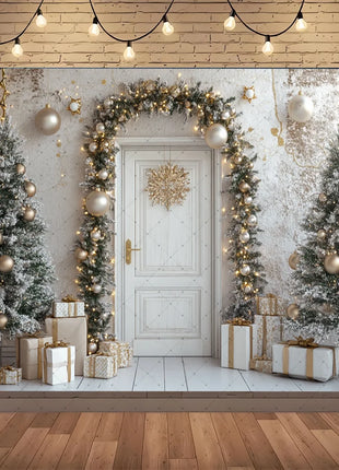 Gold Christmas Background - Glitter Xmas Tree Wreath Wooden Backdrop