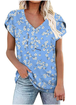 Loose Short Sleeve V-Neck Printed Womens Half Sleeve T-Shirt - MimiStylez