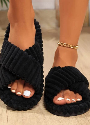 Women Corduroy Cross Strap Home Slippers Men Soft Warm Flat Slides Family Indoor Fashion Concise Plush Sandals - MimiStylez