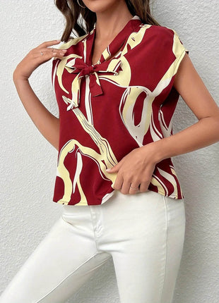 Brush Print Tie Neck Blouse, Elegant Short Sleeve - MimiStylez