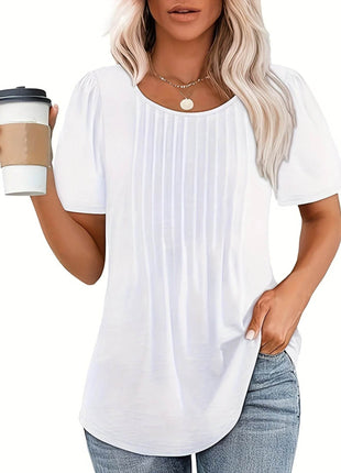 Womens Tunic Tops V Neck Shirts Short Sleeve Puff Pleated Casual Blouses Puff Pleated Work Blouse - MimiStylez
