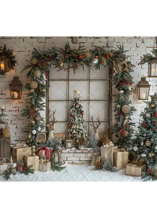 Christmas Photography Backdrop Xmas Tree Wreath Elk Brick Wall Window Snow Scene Backdrop