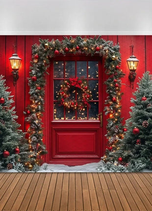 Christmas Tree Red Door Window Snow Backdrop