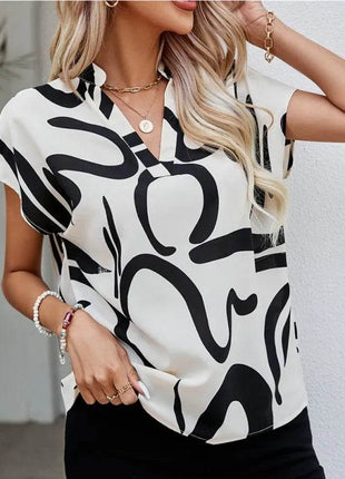 Women Summer Simple Style Blouses Shirts Lady Casual Short Batwing Sleeve V-Neck Printed Blouse Tops - MimiStylez