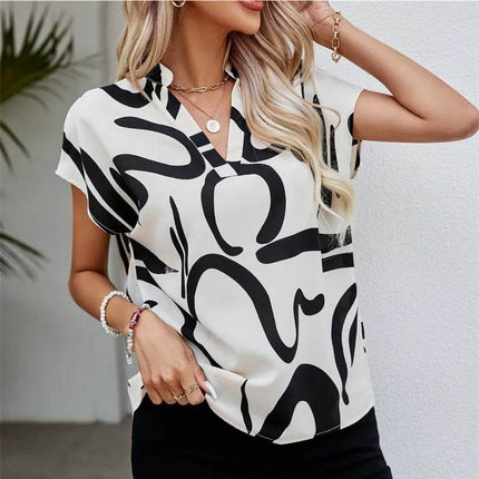 Women Summer Simple Style Blouses Shirts Lady Casual Short Batwing Sleeve V-Neck Printed Blouse Tops - MimiStylez