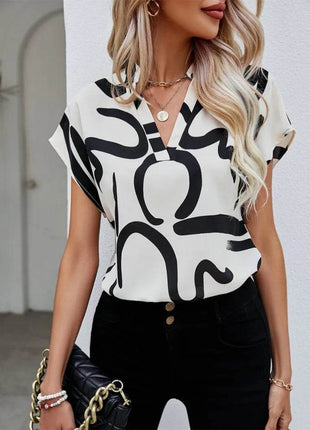 Women Summer Simple Style Blouses Shirts Lady Casual Short Batwing Sleeve V-Neck Printed Blouse Tops - MimiStylez