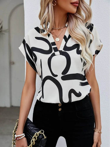Women Summer Simple Style Blouses Shirts Lady Casual Short Batwing Sleeve V-Neck Printed Blouse Tops - MimiStylez