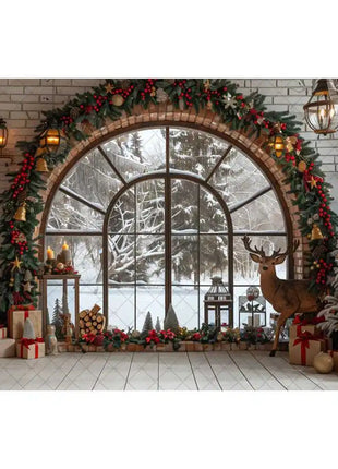 Christmas Photography Backdrop Xmas Tree Wreath Elk Brick Wall Window Snow Scene Backdrop