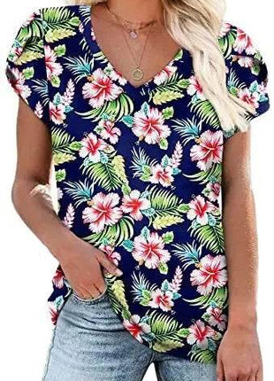 Loose Short Sleeve V-Neck Printed Womens Half Sleeve T-Shirt - MimiStylez