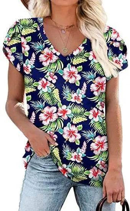 Loose Short Sleeve V-Neck Printed Womens Half Sleeve T-Shirt - MimiStylez