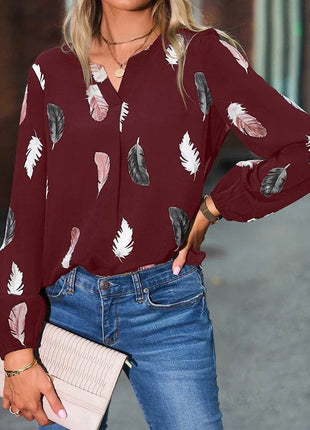 Woman Blouse Shirts For Women Stylish Top long Sleeve Feather Pattern Female Tops Elegant Chiffon Mujer Woman Clothes - MimiStylez