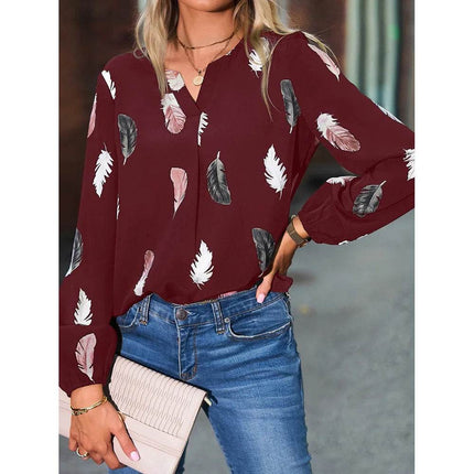 Woman Blouse Shirts For Women Stylish Top long Sleeve Feather Pattern Female Tops Elegant Chiffon Mujer Woman Clothes - MimiStylez
