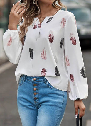 Woman Blouse Shirts For Women Stylish Top long Sleeve Feather Pattern Female Tops Elegant Chiffon Mujer Woman Clothes - MimiStylez