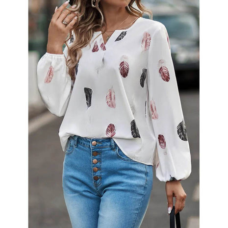 Woman Blouse Shirts For Women Stylish Top long Sleeve Feather Pattern Female Tops Elegant Chiffon Mujer Woman Clothes - MimiStylez