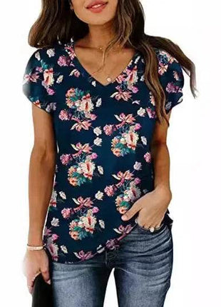 Loose Short Sleeve V-Neck Printed Womens Half Sleeve T-Shirt - MimiStylez