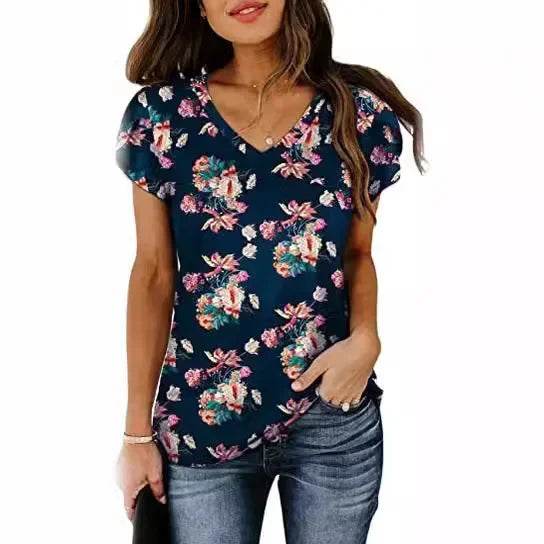 Loose Short Sleeve V-Neck Printed Womens Half Sleeve T-Shirt - MimiStylez