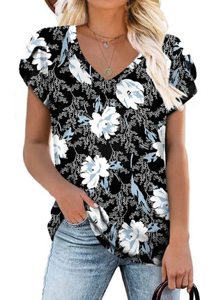 Loose Short Sleeve V-Neck Printed Womens Half Sleeve T-Shirt - MimiStylez