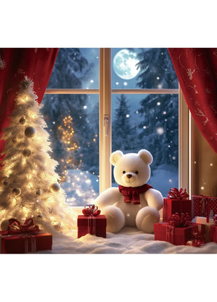 Christmas Backdrop Winter Window Xmas Tree Snowy Night Teddy Bear Christmas Backdrop
