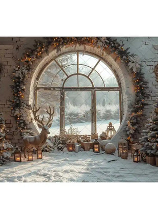 Christmas Photography Backdrop Xmas Tree Wreath Elk Brick Wall Window Snow Scene Backdrop