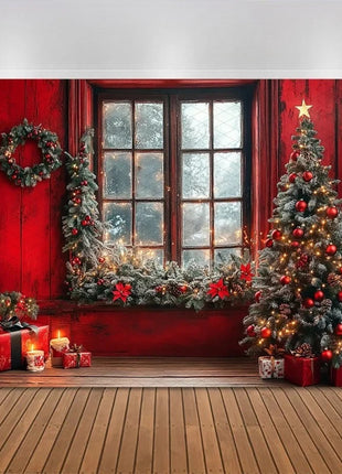 Christmas Tree Red Door Window Snow Backdrop