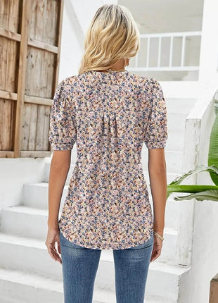 Womens Tunic Tops V Neck Shirts Short Sleeve Puff Pleated Casual Blouses Puff Pleated Work Blouse - MimiStylez