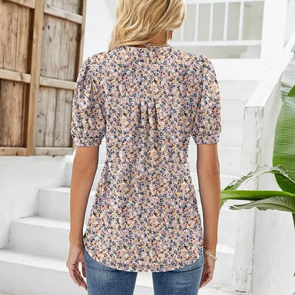 Womens Tunic Tops V Neck Shirts Short Sleeve Puff Pleated Casual Blouses Puff Pleated Work Blouse - MimiStylez