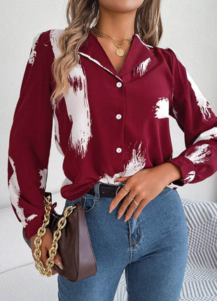 Printed Collared Neck Button Up Shirt - MimiStylez