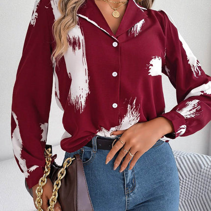 Printed Collared Neck Button Up Shirt - MimiStylez