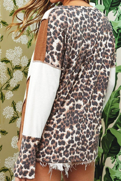 Leopard V-Neck Dropped Shoulder Blouse - MimiStylez