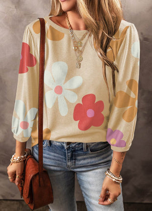 Flower Round Neck Long Sleeve Blouse - MimiStylez